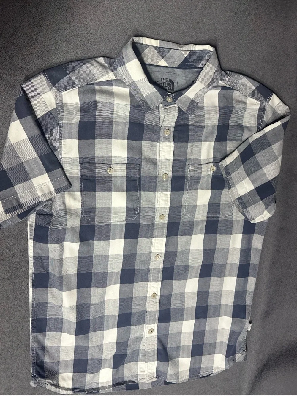 The North Face Men's Navy and White Check Short Sleeve Button-Up
